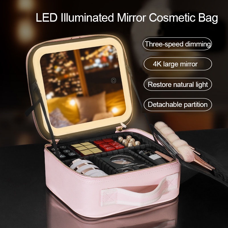 AM Fashion Makeup Bag With Mirror LED Light Organizer Cosmetic Pouch