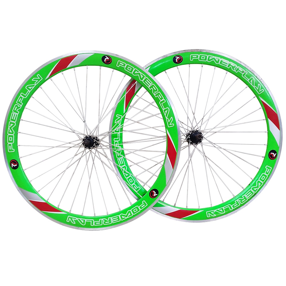 BIKE WHEELSET SIZE 700C POWERPLAY 50MM GREEN 36 HOLES SET WITH STEEL SPOKES AND ORDINARY HUB