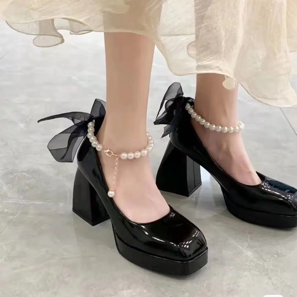 Capomos Women's Mary Jane Shoes 2022 new chunky bow heels school shoes ...