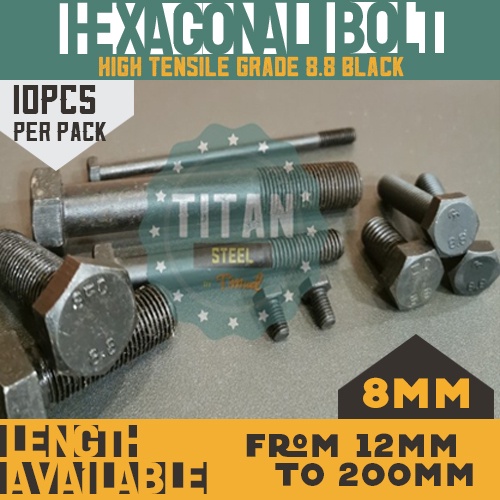 10pcs 8MM M8 High Tensile / HiTensile Hex Bolt (Grade 8.8) Black