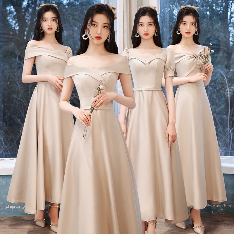 【Ready Stock】Women Elegant Satin Bridesmaid Dress Wedding Gown PartyDinner  Evening Maxi Dresses Champagne Dress