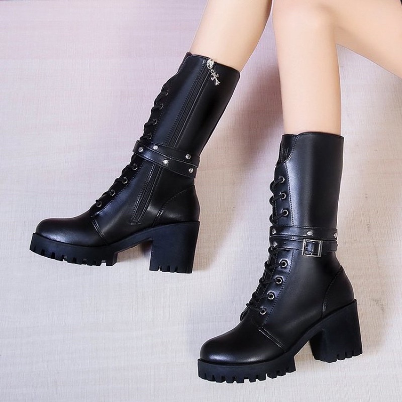 Women's Fashion Mid-calf Boots, Cool Black High-heeled Motorcycle Boots ...