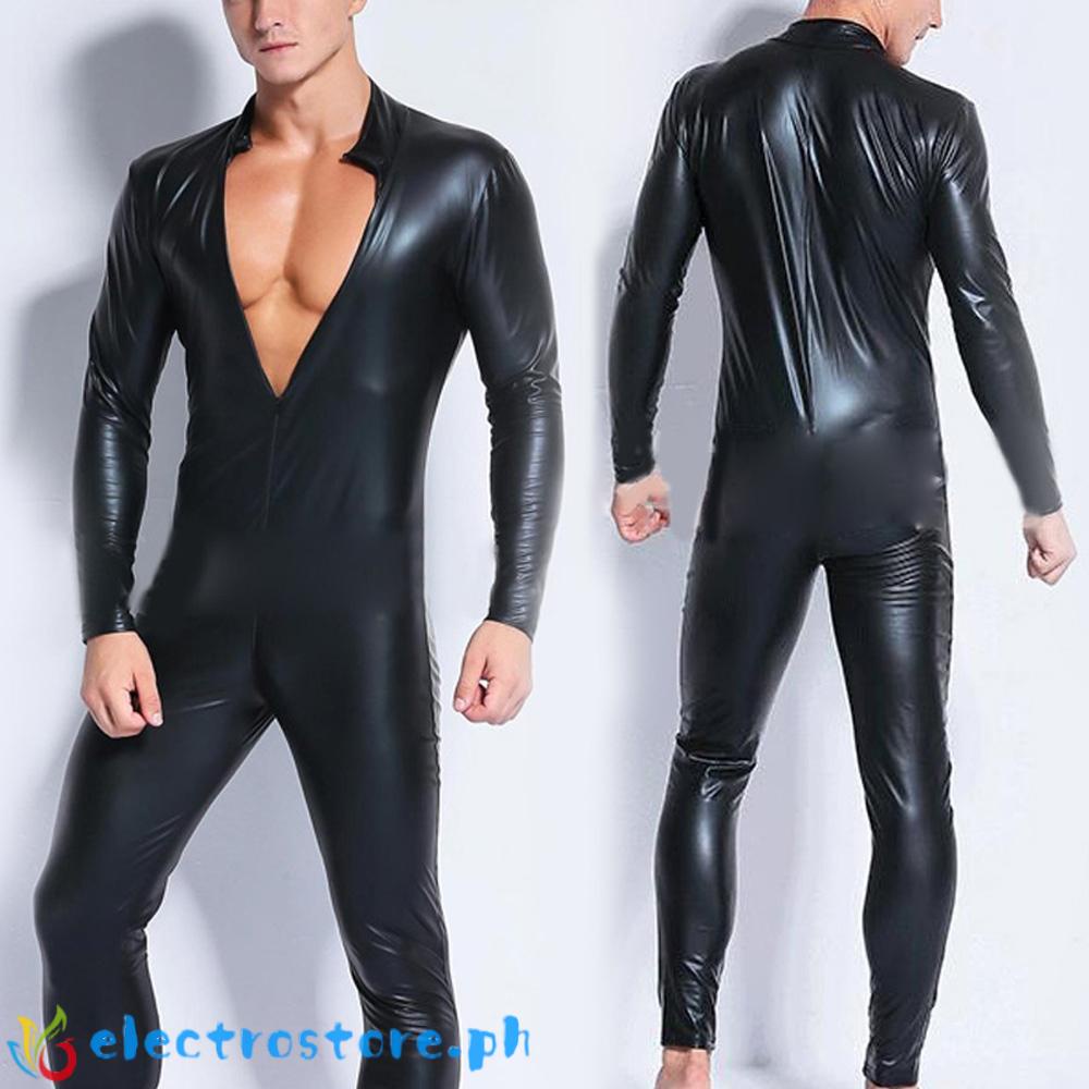 Men PVC Leather Black Tight Zip Wetlook Bodysuit Jumpsuit Rompers ...