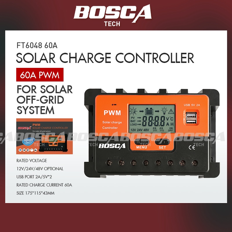 Bosca Solar Charge Controller Pwm 12v 24v 36v 48v Auto 60a Ft6048 Lcd Display Usb Output 9055