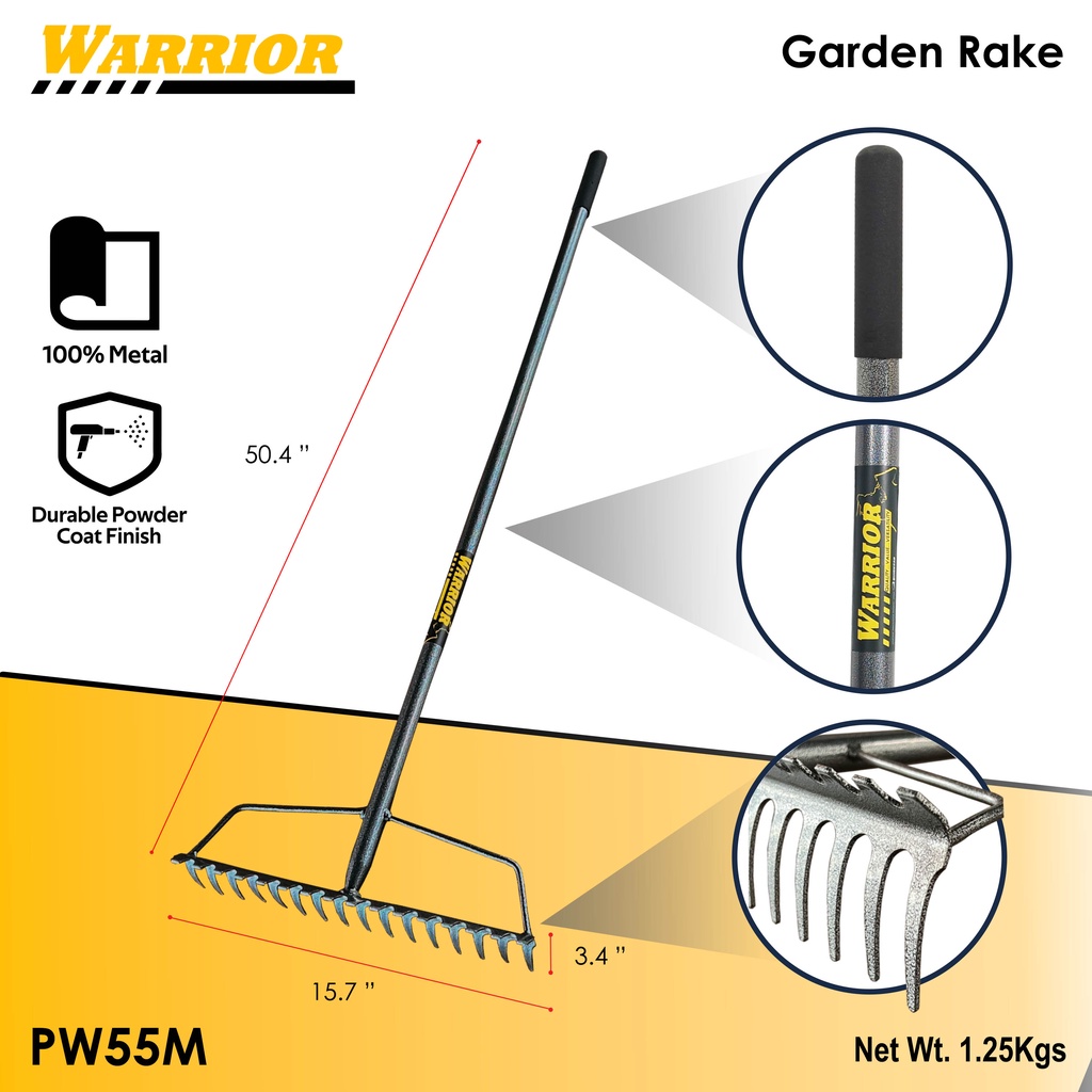 WARRIOR Garden RAKE 16 Tines for Gardening ALL-METAL 50-Inch Heavy Duty ...