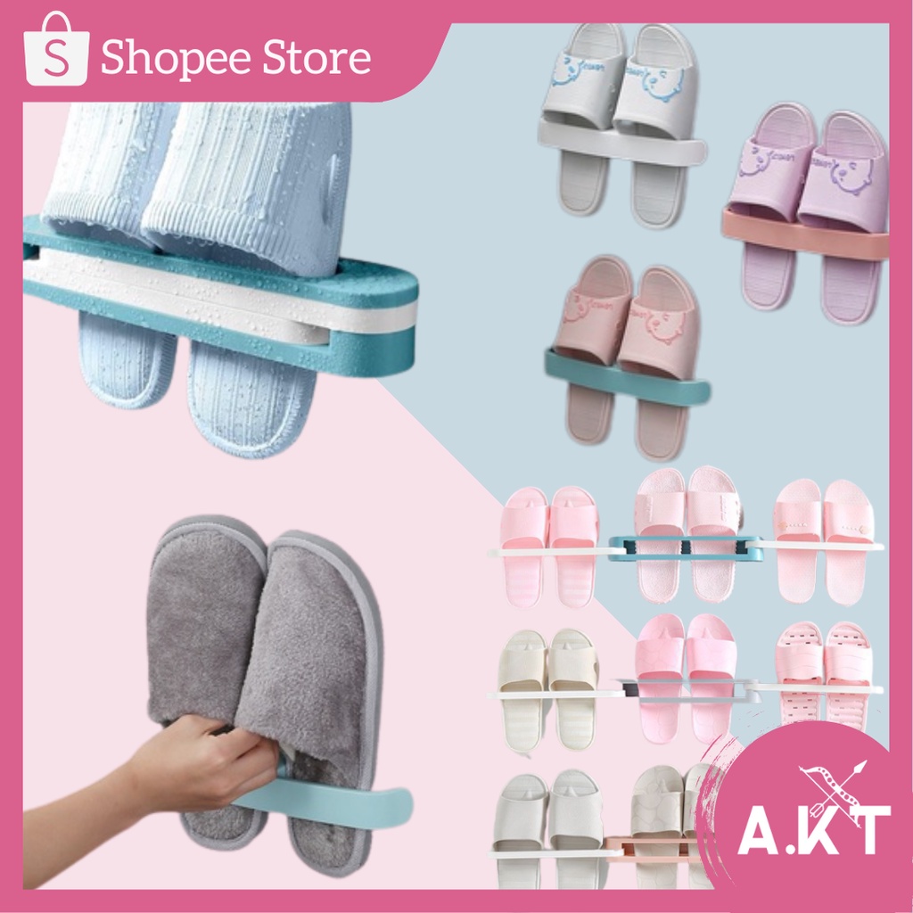 AKT Wall Mounted Slippers Drain Storage Rack Shoe Shelf Bathroom ...