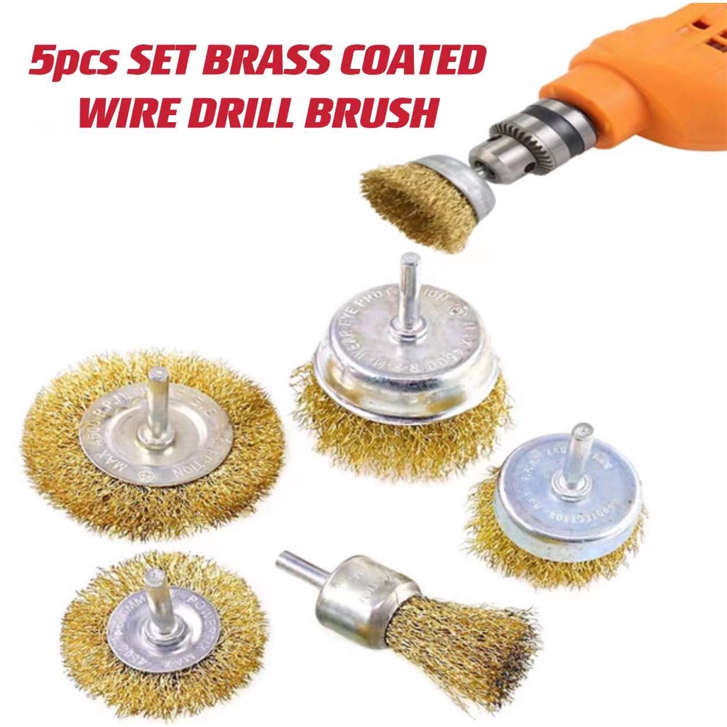 5pcs. Brass Coated Wire Brush Wheel & Cup Brush Set Shank Metal