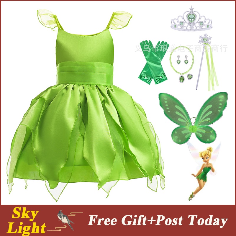 Baby Girl Tinkerbell Costume Kid Green Fairy Dress Fly Sleeve Tulle