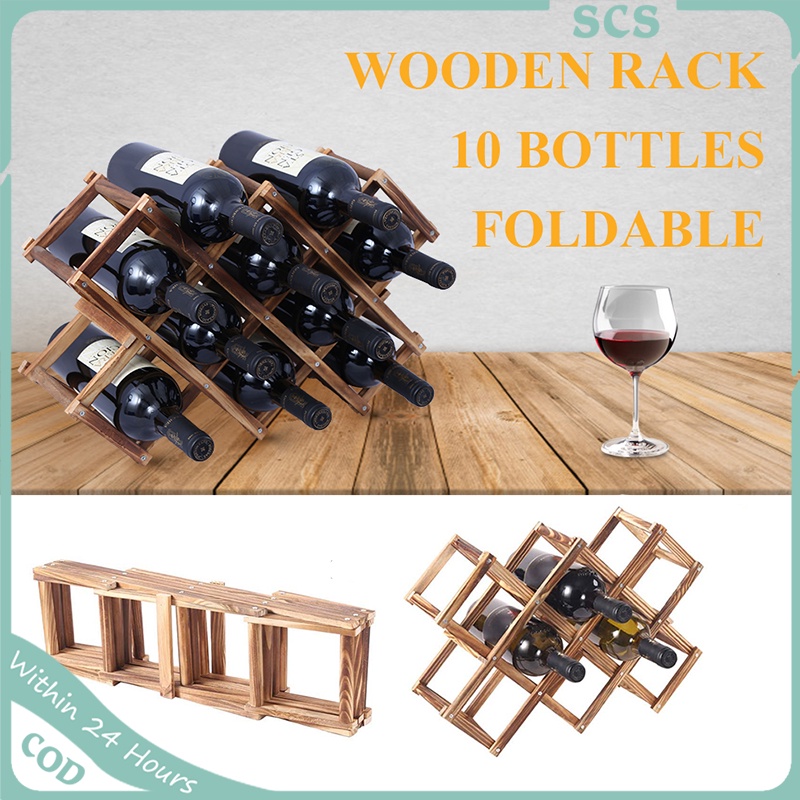 10 Bottles Wooden Wine Rack Foldable Tabletop Free Standing Wine Stand ...
