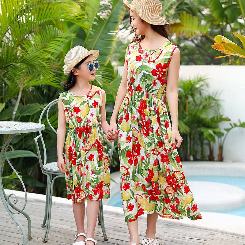 hawaiian outfit for women hawaiian dress Beach skirt summer ladies new cotton silk dress long skirt sleeveless floral Korean holiday girls