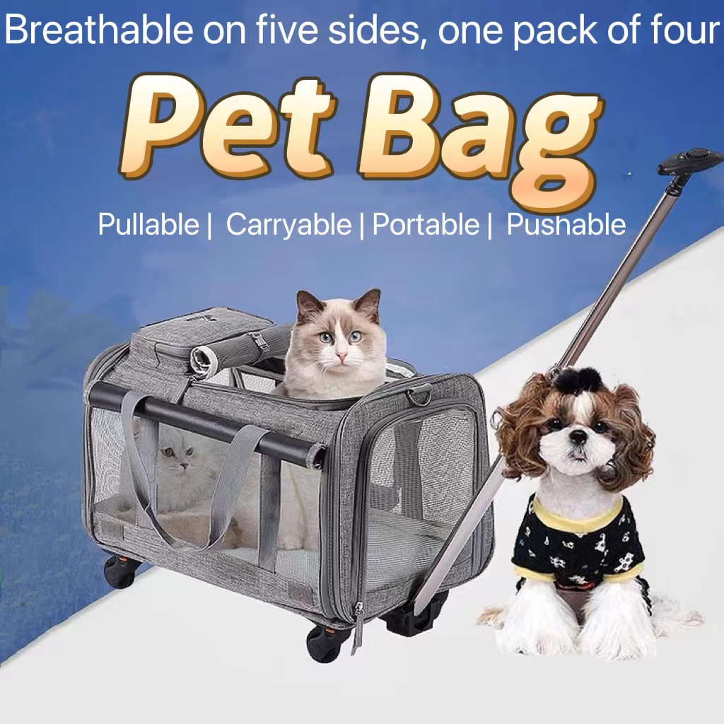 Cat Trolley Pet Carrier With Portable Detachable Wheels Breathable