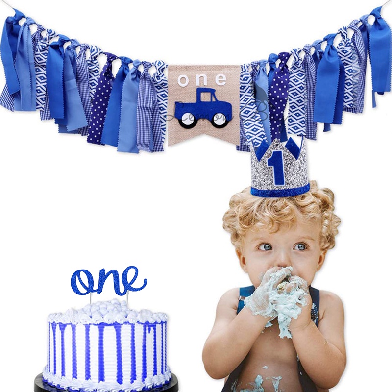 Baby First Birthday Decoration Blue Car Theme High Chair Banner Blue