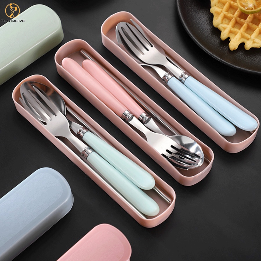 JJ Stainless Steel Portable Tableware Spoon And Fork Three-piece Set ...