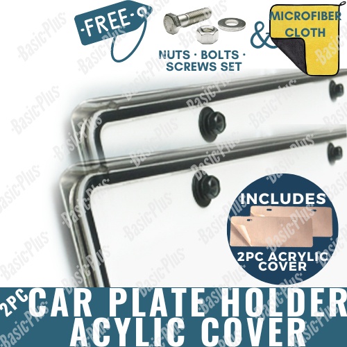 2pc STAINLESS CAR PLATE NUMBER HOLDER + ACRYLIC CLEAR PLATE COVER