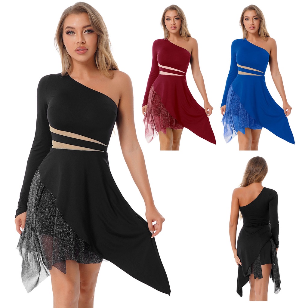 Womens One Shoulder Long Sleeve Latin Dance Dress Asymmetrical Hem