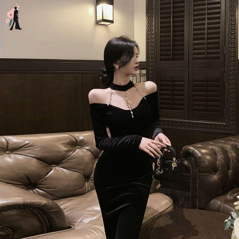 Fitted dress Party Evening Dinner Gown Hepburn style neck velvet ...