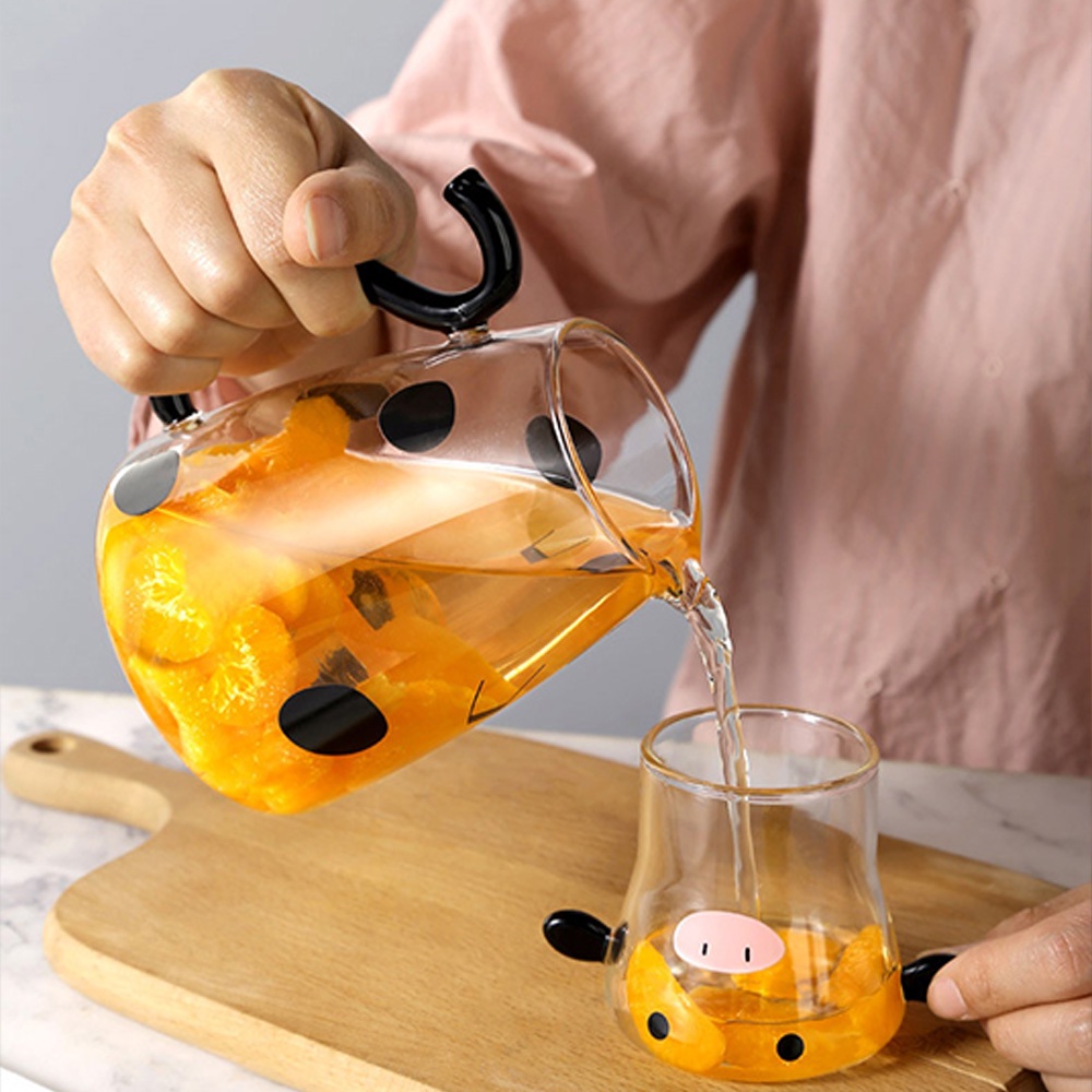 Cow Print Carafe Set, Cow Glass Water Pitcher With Glass Cup, Cute Cow Water Carafe (550ml