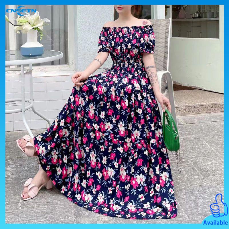 bohemian attire for women hawaiian outfit for women Cotton silk dress  extended large dress summer vacation beach dress floral foreign style high  waist knee-high meat skirt