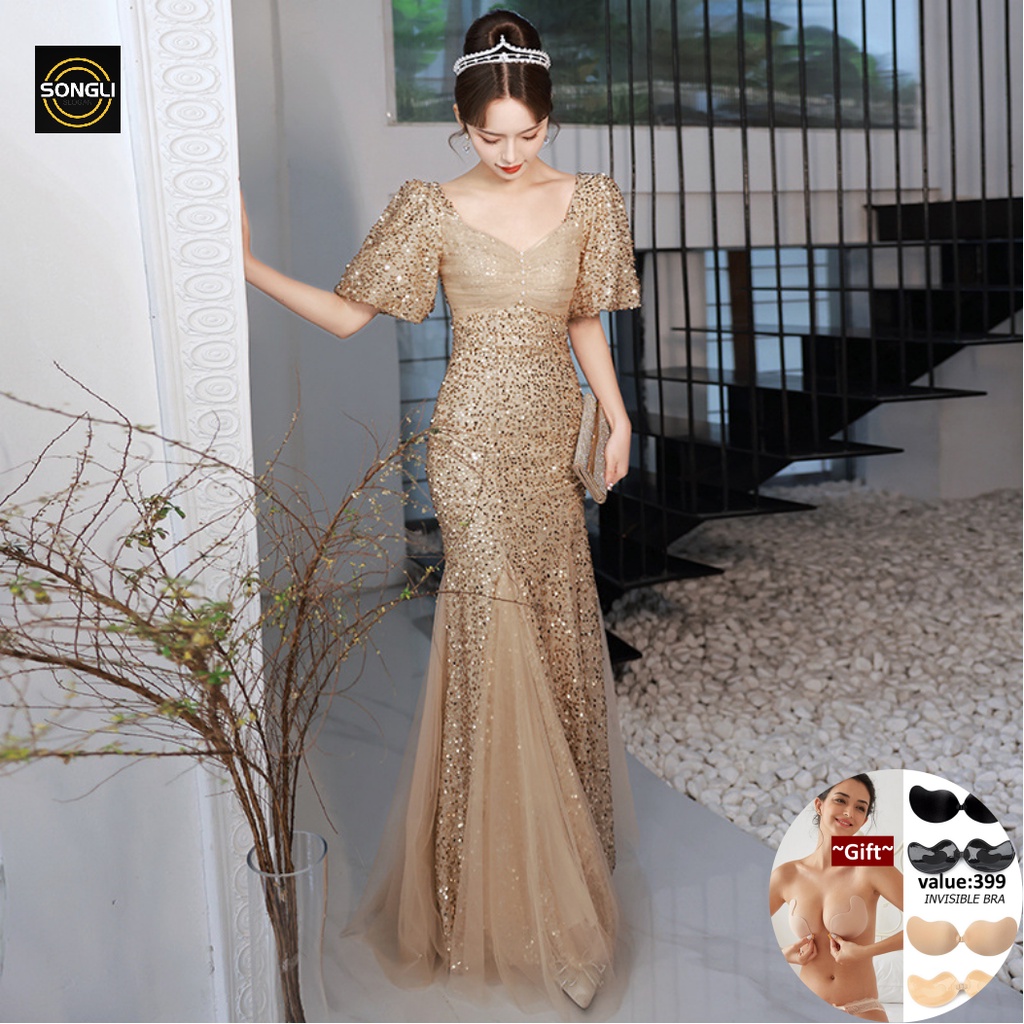 Gold sequin evening dress New fishtail Long banquet host Sexy slim