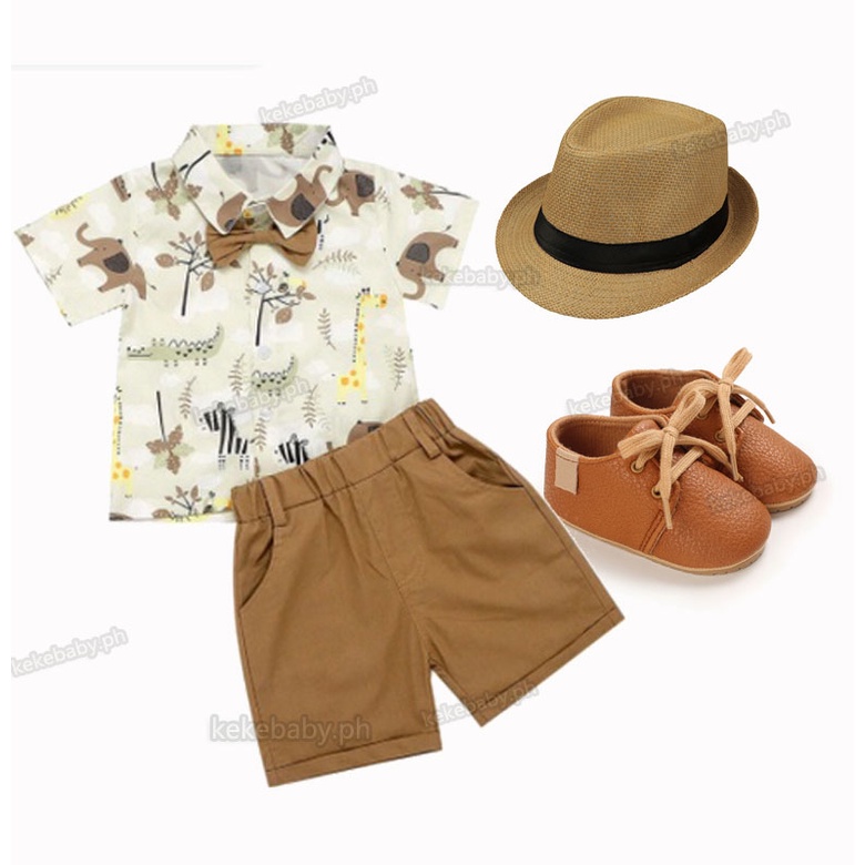 Terno for Baby Boy Safari Baby Boy Animals Print Shirt Bow Brown Shorts