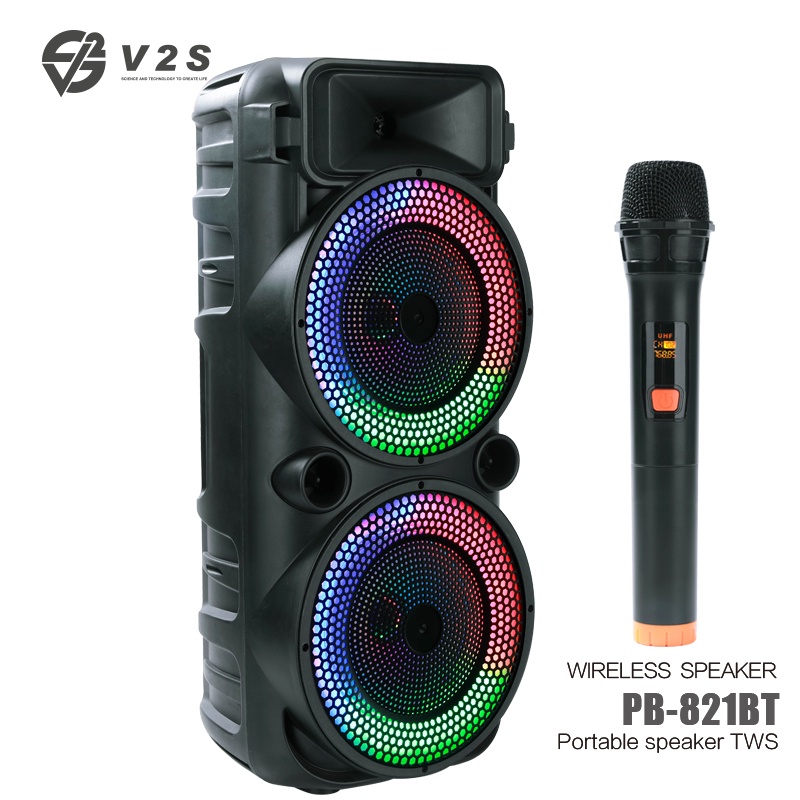 V2S PB-821BT Dual 8-inchx2 Wireless Bluetooth Speaker With Flame Lamp, With  Wireless Microphone