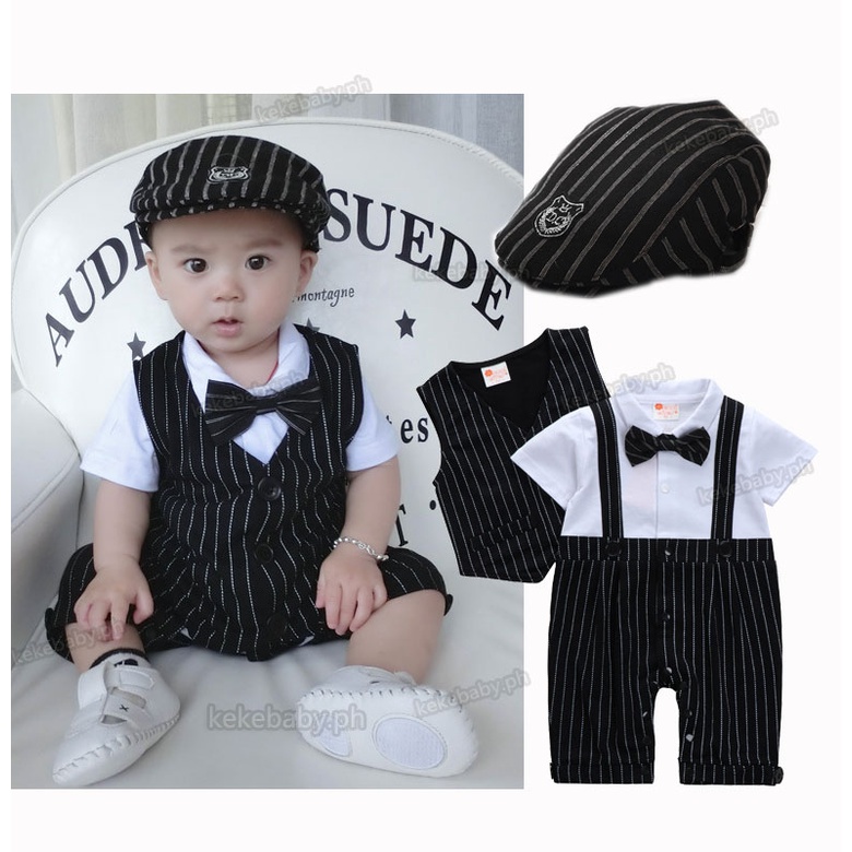 Baby Boy Ootd 1year Old Black Cotton Stripe Vest Romper Short Sleeve