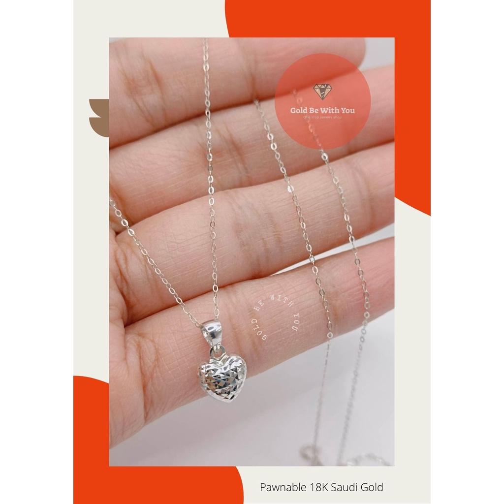 Pawnable 18k Saudi White Gold Dicut Heart Pendant in Fine Tauco Chain