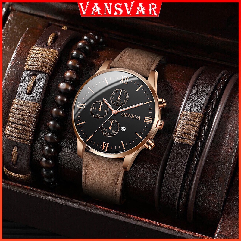GENEVA Men Watch Bracelet 4Pcs Set Fashion Leather Strap Male Quartz