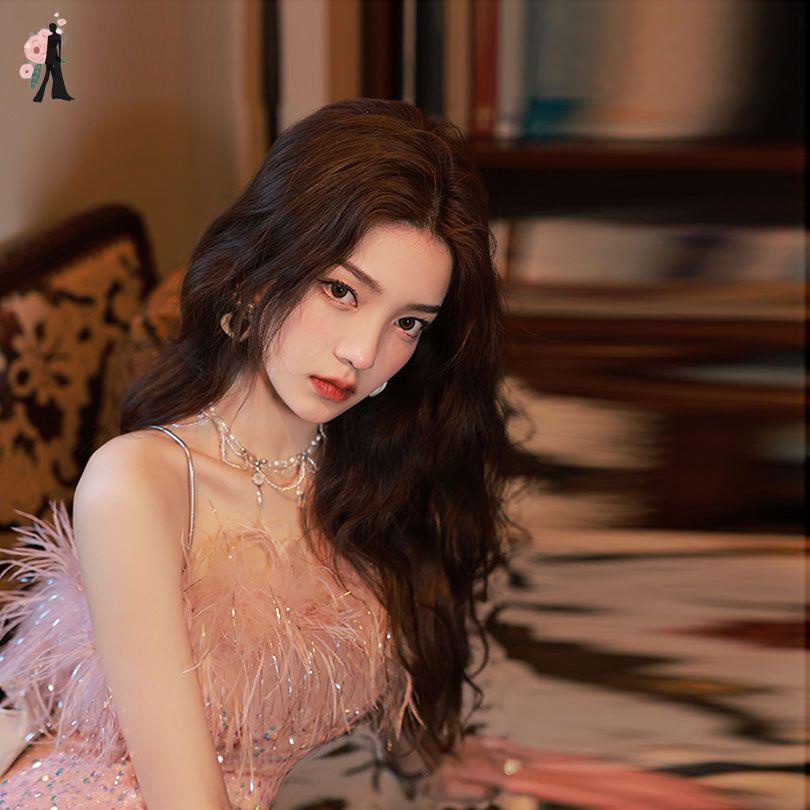 Evening Cocktail Socialite Light Luxury Sequined Suspender Maxi Dress Split Backless Shoulder Collar High Class Elegant Dress