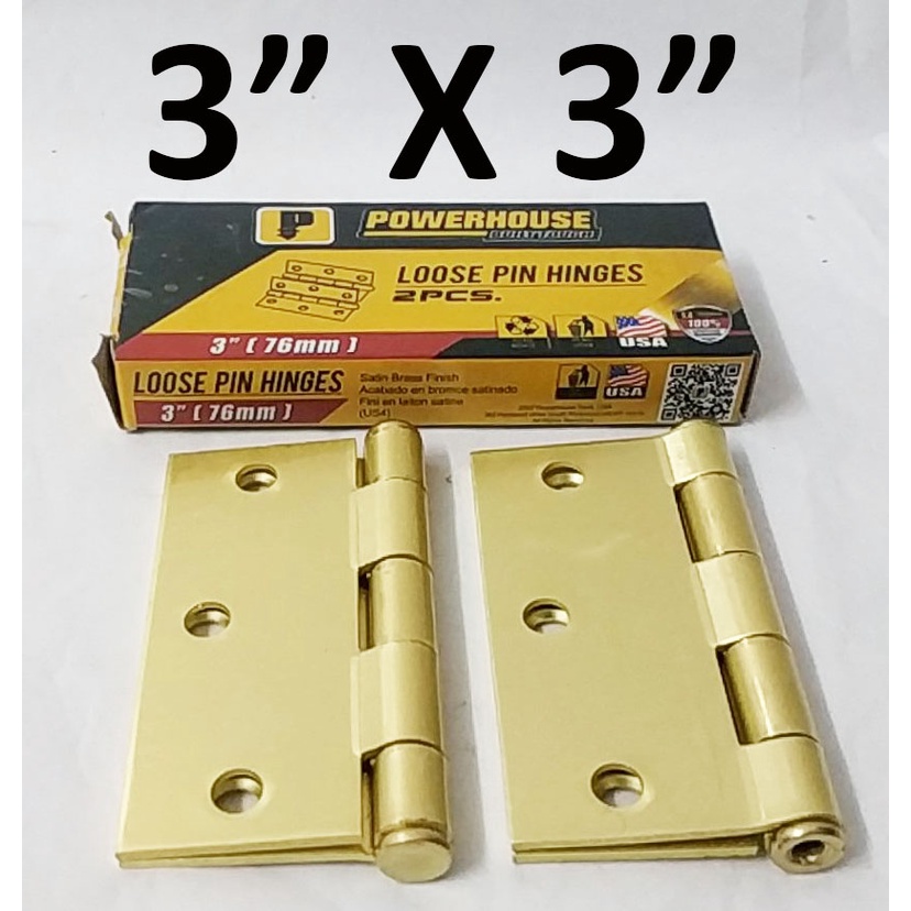 BRASS HINGES 3" X 3" POWERHOUSE LOOSE PIN HINGES ( 1 BOX OF 2 PIECES