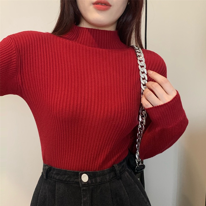 Red Clothes New Year Sweater Half Turtleneck Women Long Sleeved Top