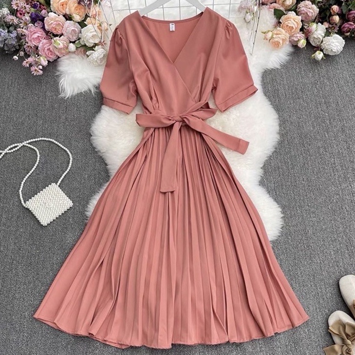 Korean Magenta Dress Lacing Plain Dress For Woman Casual Dress For 