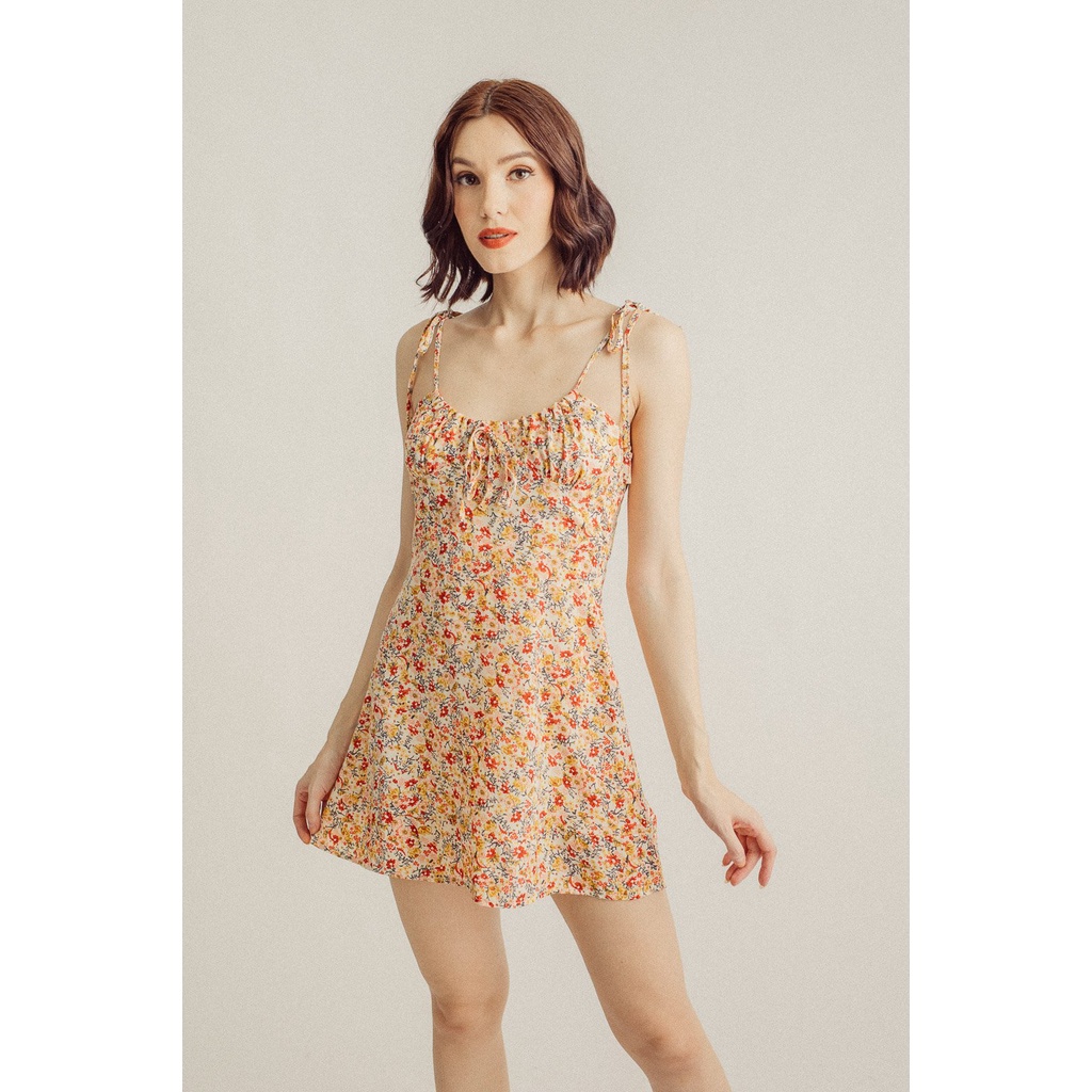 Lewis Multicolor Orange Floral All Over Print Sweetheart Neckline