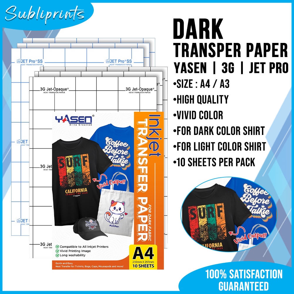 3G Dark Transfer Paper A3/A4 YASEN Pack of 10 for Dark Colored ...