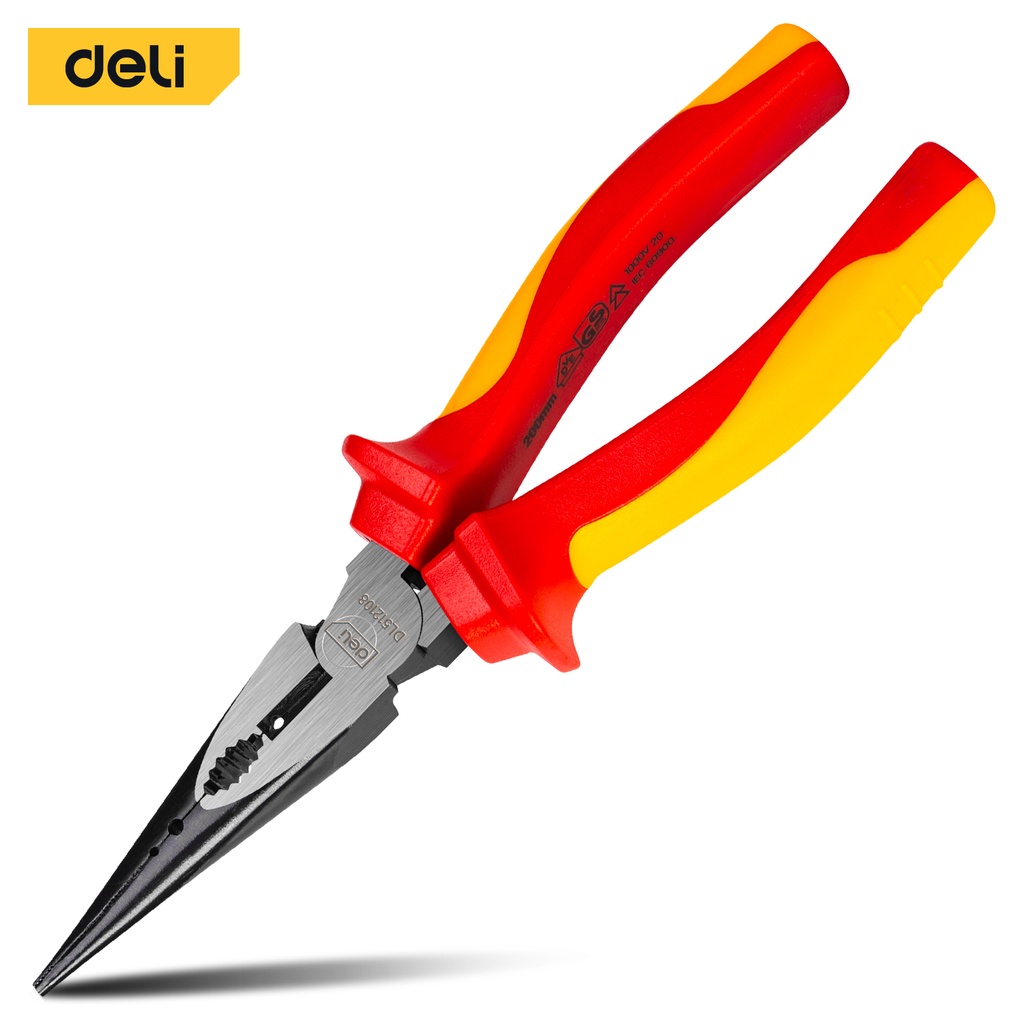 Deli EDL512108_insulated needle nose pliers 8"(red)(handle) Shopee