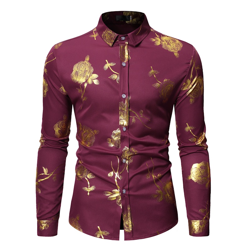 Mens Gold Rose Floral Print Shirts Brand Floral Steampunk Chemise White ...