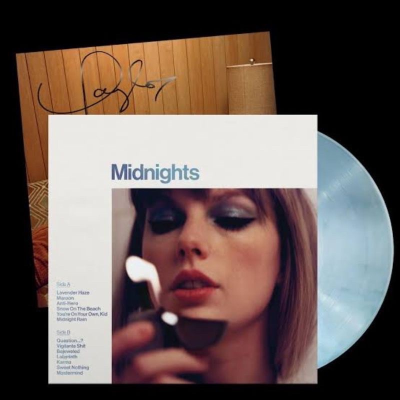 Sealed hot Taylor Swift Midnights Moonstone Blue vinyl signed photo.