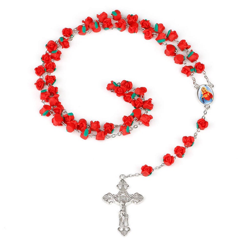 FANCY 8mm Polymer Clay Rose Beads Rosary Catholic Necklace With Holy ...