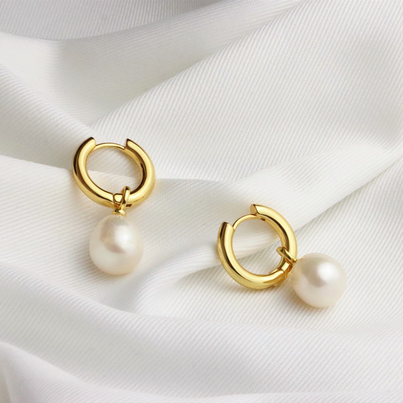 18K Gold Plated White Pearl Small Hoop Earrings For Women, Classic Gold Hoops