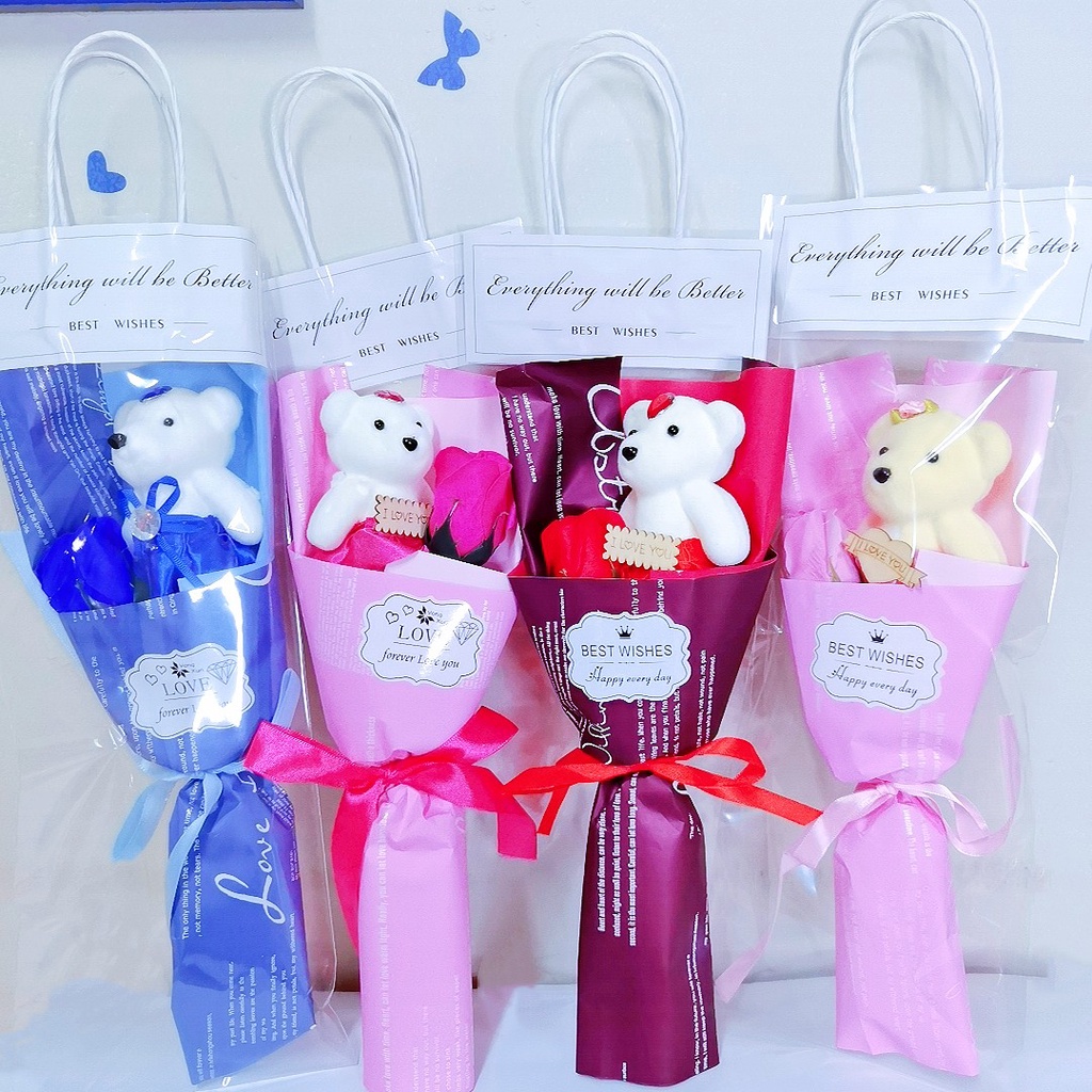 Valentine's Day Soap rose flowers + bear Bouquet tote bag rose flower ...