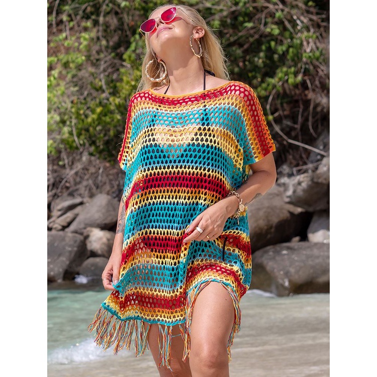 Swimsuit with blouse sunscreen colorful hollowed-out sweater, beach ...