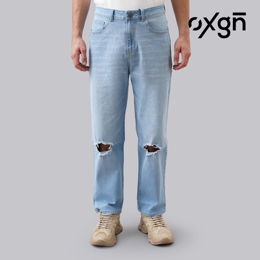 OXGN Straight Fit Ripped Jeans For Men (Light Blue) Shopee Philippines