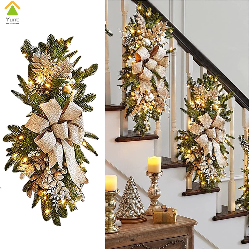 【ReadyStock】 Cordless Prelit Christmas Swag Teardrop Swag Wreath Stair