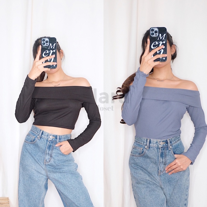 ELARACLOSET Off Shoulder Ribbed Longsleeve Crop Top | Shopee Philippines