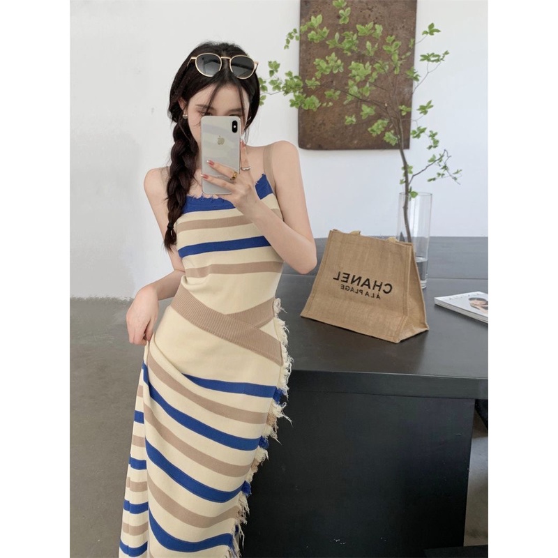 M021 Melody Fashion Knitted Color Striped Cami Dress Shopee Philippines