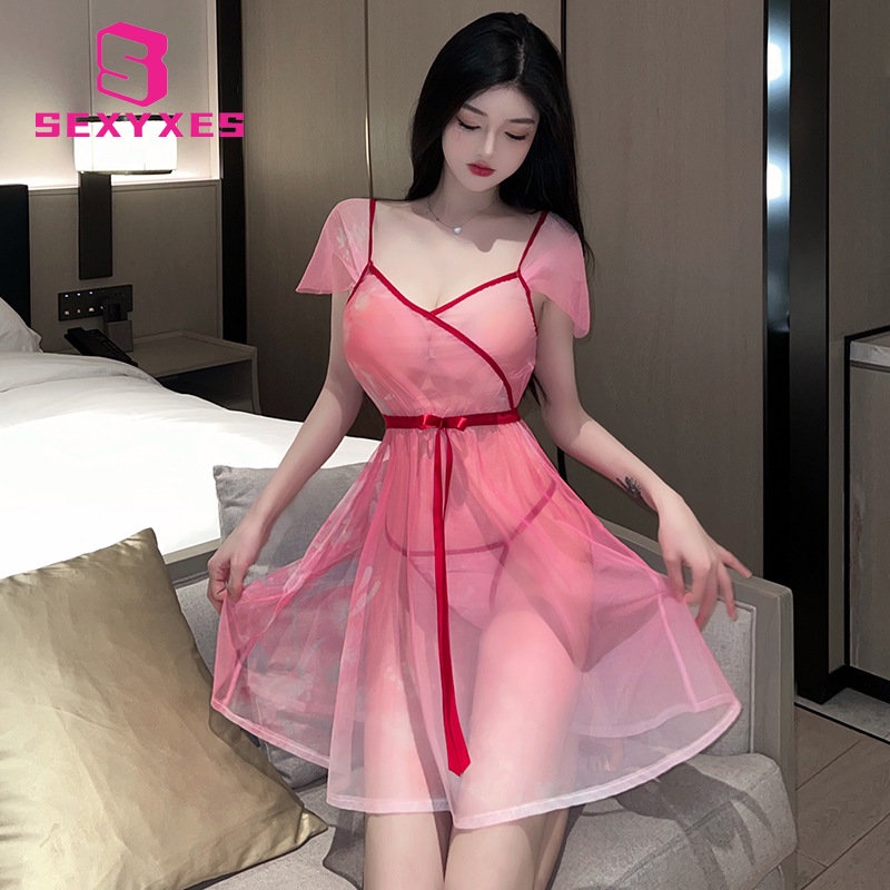 Chinese Style Sexy Hanfu See Through Tulle Lingerie Pink Dress Role