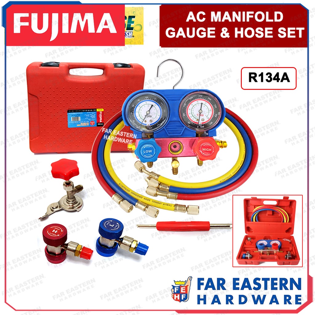 FUJIMA Air Conditioning Manifold Gauge & Hose Set Aircon Gas Meter R