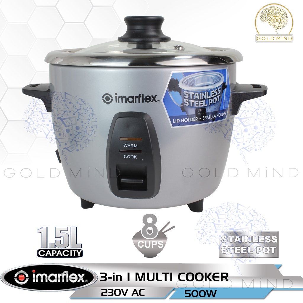 Imarflex Rice Cooker 15l 3 In 1 Multi Cooker Stainless Pot 8 Cups 500 Watts Shopee 9918