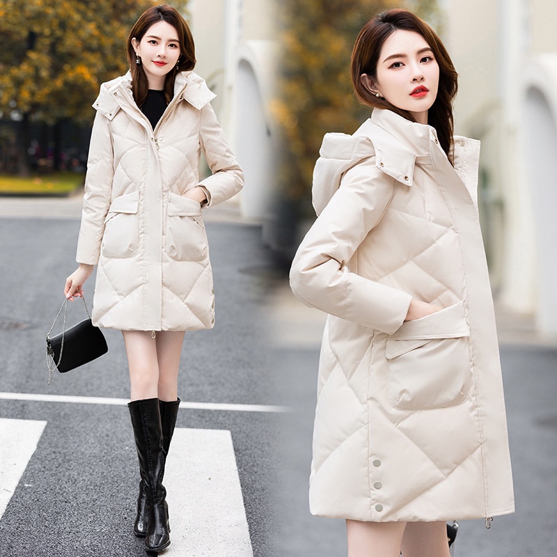 New Style Mid-Length White Duck Down Hooded Jacket Women Year Korean  Version Winter Slimmer Look Warm