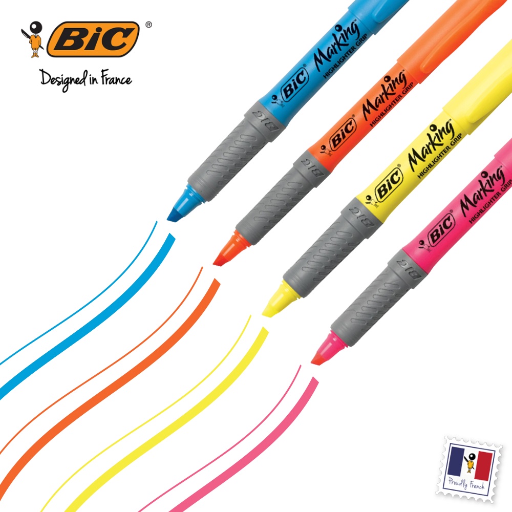 BIC Marking Highlighter Grip Pack of 4 (Blue, Pink, Orange, Yellow